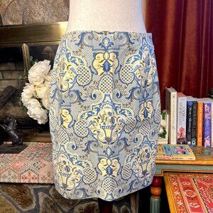 Talbots Petites Stretch Geometric Victorian Floral Blue Pencil Skirt 10P